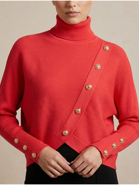 Sweater Coral Mujer Cuello Alto Manga Murciélago Botones Dorados 5