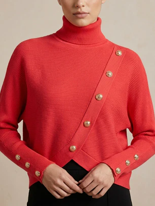 Sweater Coral Mujer Cuello Alto Manga Murciélago Botones Dorados