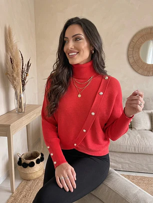 Sweater Coral Mujer Cuello Alto Manga Murciélago Botones Dorados