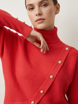 Sweater Coral Mujer Cuello Alto Manga Murciélago Botones Dorados