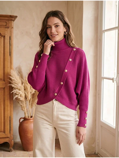 Sweater Fucsia Mujer Tricot Cuello Alto Manga Murciélago Botones Dorados