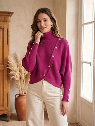 Sweater Fucsia Mujer Tricot Cuello Alto Manga Murciélago Botones Dorados