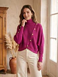 Sweater Fucsia Mujer Tricot Cuello Alto Manga Murciélago Botones Dorados - Miniatura 1
