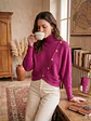 Sweater Fucsia Mujer Tricot Cuello Alto Manga Murciélago Botones Dorados - Miniatura 7