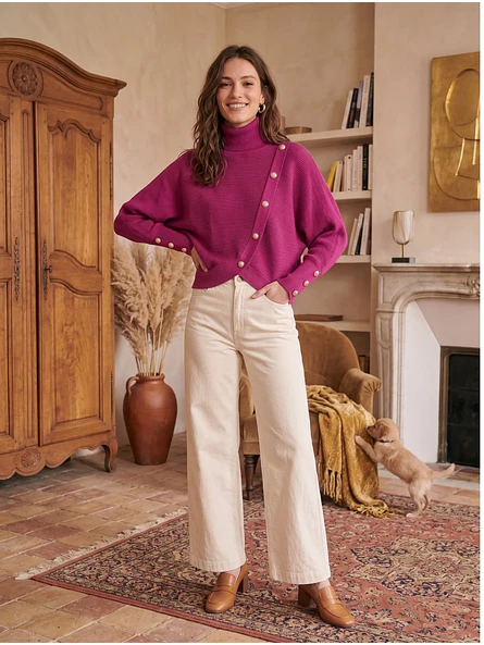 Sweater Fucsia Mujer Tricot Cuello Alto Manga Murciélago Botones Dorados 5