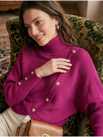 Sweater Fucsia Mujer Tricot Cuello Alto Manga Murciélago Botones Dorados