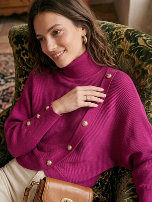 Sweater Fucsia Mujer Tricot Cuello Alto Manga Murciélago Botones Dorados
