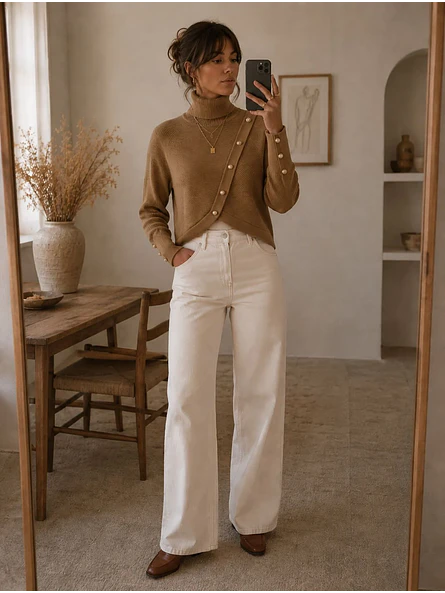 Sweater Camel Mujer Cuello Alto con Botones Dorados 2