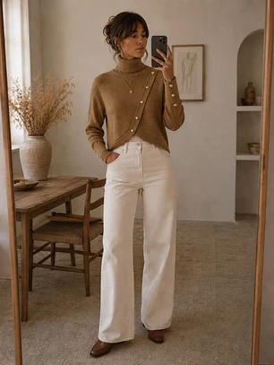 Sweater Camel Mujer Cuello Alto con Botones Dorados