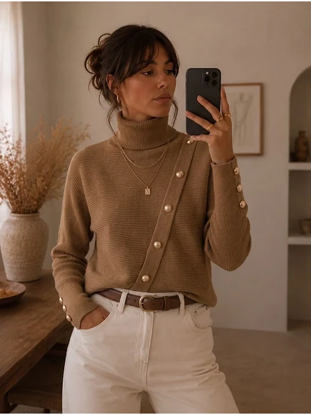 Sweater Camel Mujer Cuello Alto con Botones Dorados 3