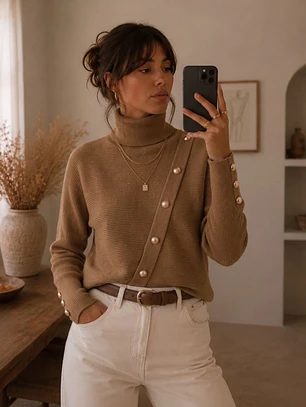 Sweater Camel Mujer Cuello Alto con Botones Dorados