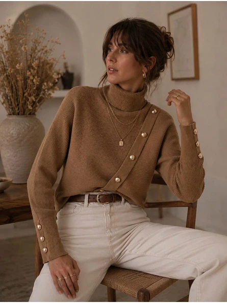 Sweater Camel Mujer Cuello Alto con Botones Dorados 7
