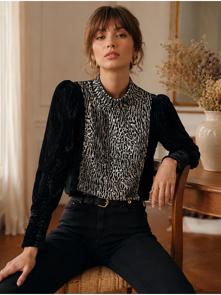 Sweater Terciopelo Negro Mujer Animal Print Cuello  2