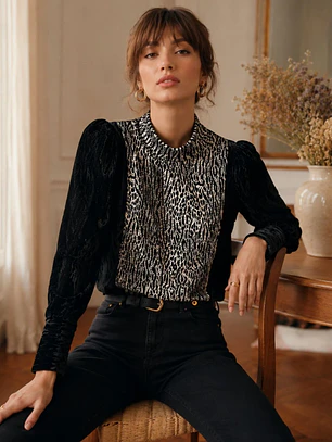 Sweater Terciopelo Negro Mujer Animal Print Cuello 