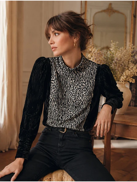 Sweater Terciopelo Negro Mujer Animal Print Cuello  3
