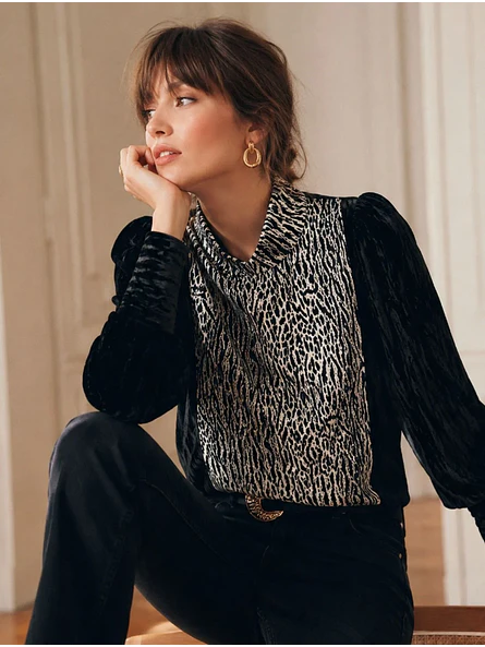 Sweater Terciopelo Negro Mujer Animal Print Cuello  1