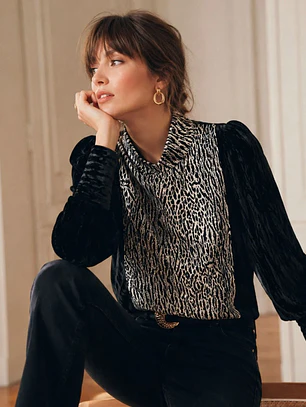 Sweater Terciopelo Negro Mujer Animal Print Cuello 