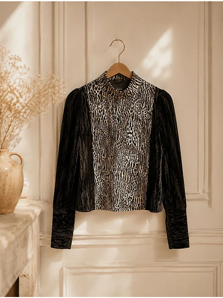 Sweater Terciopelo Negro Mujer Animal Print Cuello  6