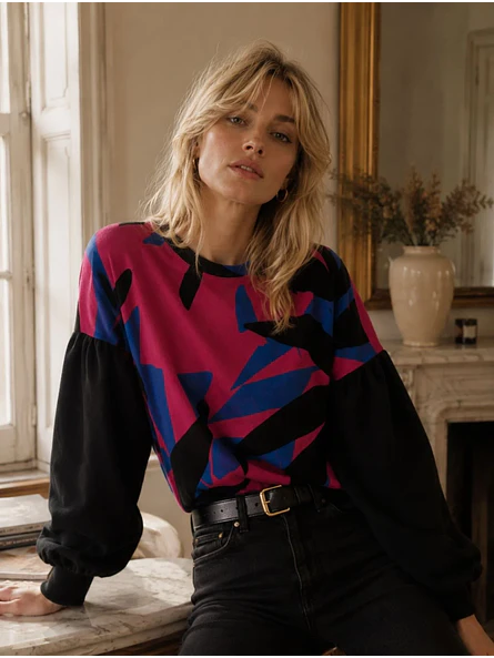Sweater Oversize Mujer Estampado Abstracto Mangas Globo 1