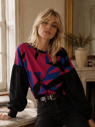 Sweater Oversize Mujer Estampado Abstracto Mangas Globo