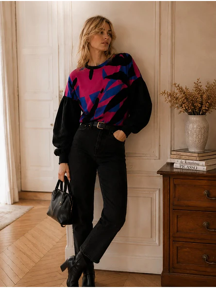 Sweater Oversize Mujer Estampado Abstracto Mangas Globo 4