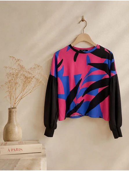 Sweater Oversize Mujer Estampado Abstracto Mangas Globo 5