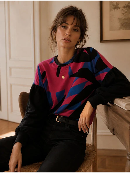 Sweater Oversize Mujer Estampado Abstracto Mangas Globo 7