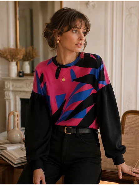 Sweater Oversize Mujer Estampado Abstracto Mangas Globo 8