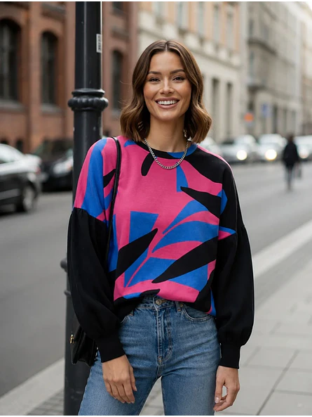 Sweater Oversize Mujer Estampado Abstracto Mangas Globo 9