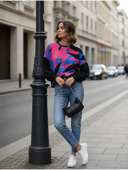 Sweater Oversize Mujer Estampado Abstracto Mangas Globo 10