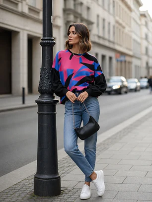 Polera Oversize Mujer Estampado Abstracto Mangas Globo
