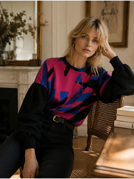 Sweater Oversize Mujer Estampado Abstracto Mangas Globo 3