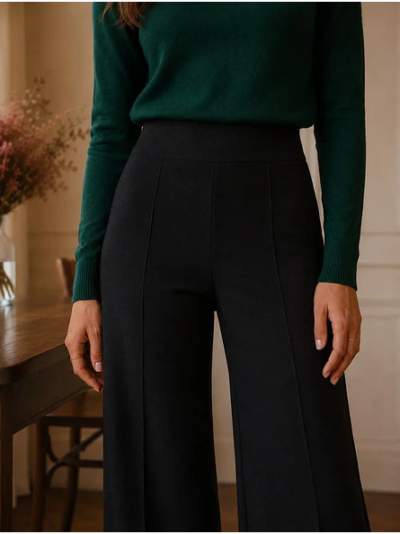 Pantalón Palazzo Negro Mujer Lanilla Tiro Alto 4