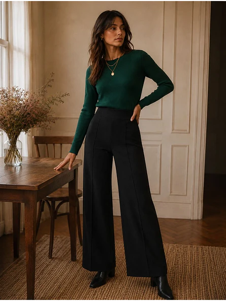 Pantalón Palazzo Negro Mujer Lanilla Tiro Alto 3