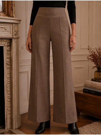 Pantalón Palazzo Beige Mujer Lanilla Tiro Alto