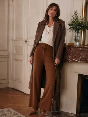 Pantalón Palazzo Camel Mujer Lanilla Wide Leg