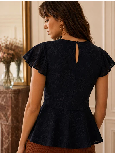 Polera Peplum Negra Mujer Mangas Plisadas Estampado Floral