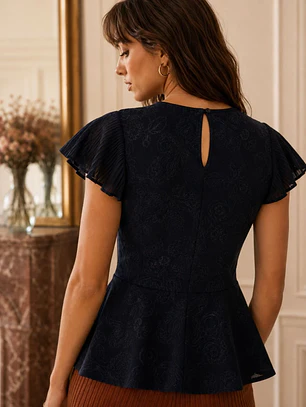 Polera Peplum Negra Mujer Mangas Plisadas Estampado Floral