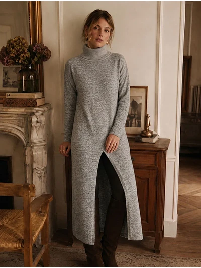 Sweater Largo Gris Mujer Abertura Frontal Pinzas Sastrería
