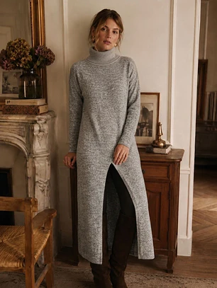 Sweater Largo Gris Mujer Abertura Frontal Pinzas Sastrería