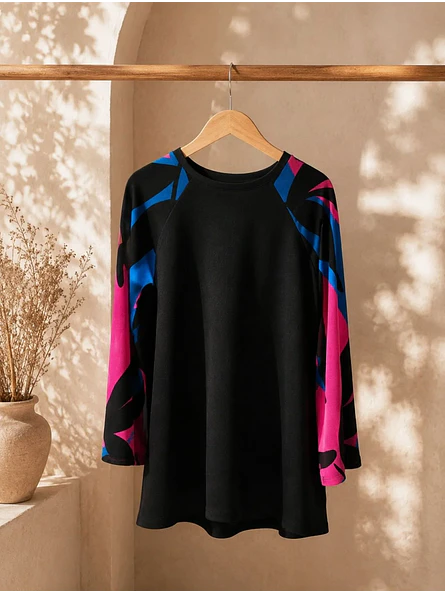Mini Vestido Negro Mujer Mangas Estampado Abstracto Azul 3