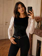 Polera Terciopelo Mujer Negra y Crema Mangas Princesa - Miniatura 4