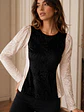 Polera Terciopelo Mujer Negra y Crema Mangas Princesa - Miniatura 8