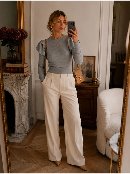 Sweater Gris Mujer Vuelos Hombros Crop Manga Larga 3