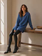 Sweater Largo Mujer Azul Piedra con Gorro Invierno 2026 - Miniatura 3