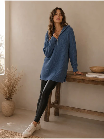 Vestido Lanilla Mujer Azul Piedra con Gorro Invierno 2026