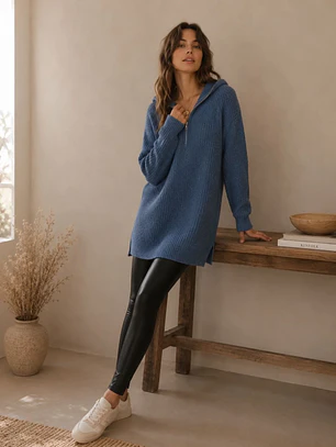 Vestido Lanilla Mujer Azul Piedra con Gorro Invierno 2026