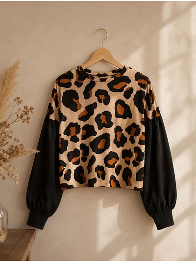 Polera Animal Print Camel Mujer Manga Globo Oversize