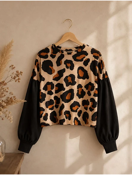 Polera Animal Print Camel Mujer Manga Globo Oversize 2
