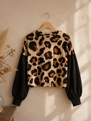 Polera Animal Print Camel Mujer Manga Globo Oversize